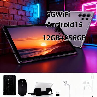 W&O Tableta de 11 pulgadas, sistema operativo Android 15, tableta 2 en 1 con teclado, ratón, funda protectora, lápiz óptico, 256 GB de ROM + 12 GB de RAM, admite expansión de memoria mediante tarjeta de hasta 1 TB, cámara de 8+20 MP, procesador de ocho núcleos, batería de 10000 mAh, pantalla IPS HD de 1280 x 800, Wi-Fi 6.