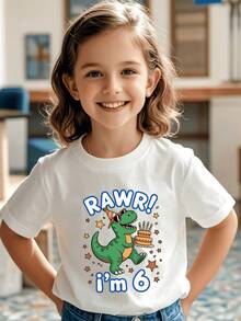 Cute Green Dinosaur Print With Festive Hat Holding Birthday Cake And Surrounded By Stars, 100% Cotton T-Shirt, Children's Clothing - 白色 - 查看 8