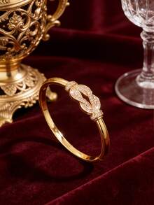 1pc - Versatile Everyday Thin Copper Bangle Inlaid With Zirconia Knots. It's Understated And Elegant, Suitable For Both Commuting And Dates, Exuding A Subtle Sophistication On Your Wrist.