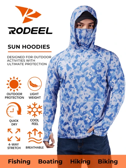 RODEEL Men's  UV Sun Protection Hoodie Shirt With Face Mask, Cooling  Long Sleeve Shirt With Thumb Holes, Quick Dry & Moisture Wicking For Fishing, Hiking, Boating & Cycling   Sailing, Hiking, Hunting, Camping