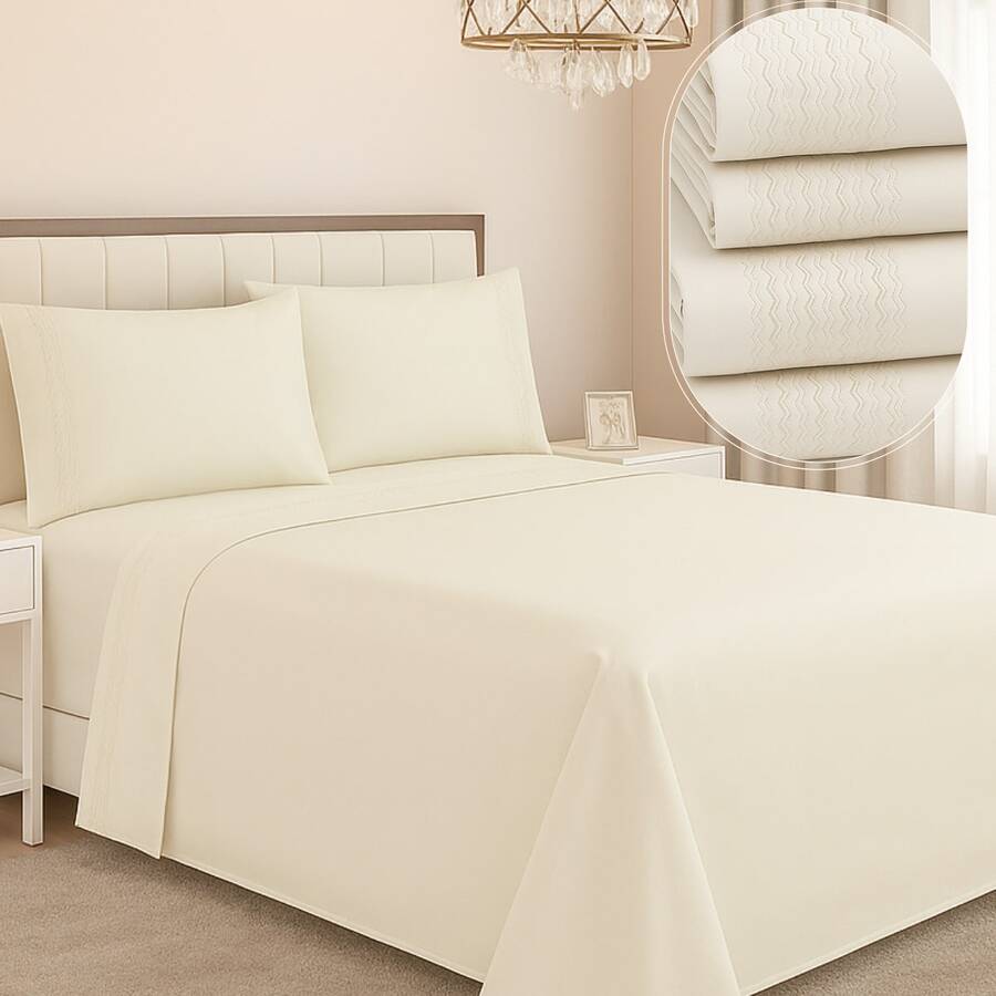 4-Piece Bedding Set 400 Thread Count Percale With Lace And Embroidered Strip, Queen And King Size, Habitat Sheet Set - Thêu rơm - Xem 1