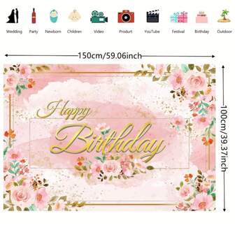 1 st akvarell blommig bakgrund för födelsedagsfest, dekorationer för flickor, rosa födelsedagsbanderoll, vår/sommar fjärilsblomma ros månblomma