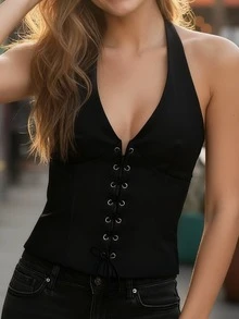 Women PU Leather Zipper Halter Top Tie Up Sleeveless Tank Tops Backless Solid Color Summer Vest Top Club Party Outfits Streetwear - 黑色 - 查看 4