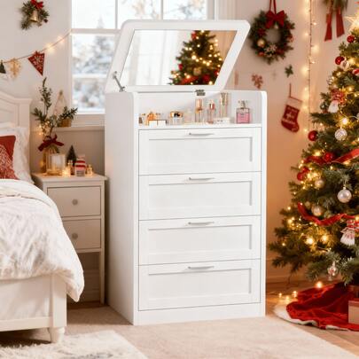 Cassettiera per camera da letto, 4 cassetti con specchio e illuminazione, cassettiera alta moderna con organizer per il trucco per piccoli spazi, camera da letto, ingresso e soggiorno (bianco)