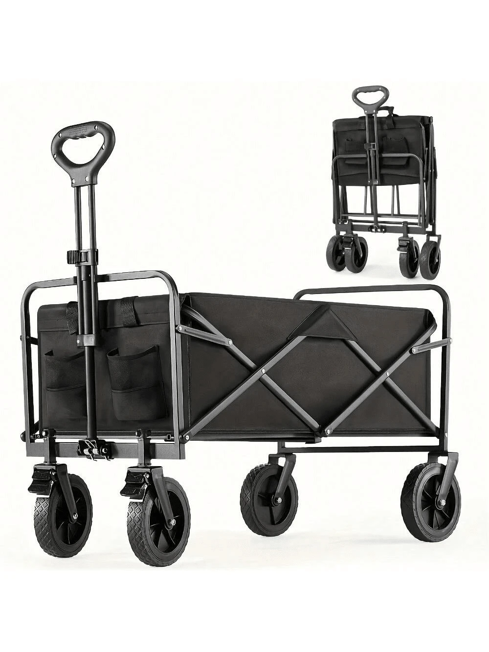 1pc Collapsible Foldable Wagon Cart, 220LBS Heavy Duty Utility Garden Cart With All-Terrain Wheels For Beach, Lawn, Sports, Camping, Black, 30" - 黑色 - 查看 1