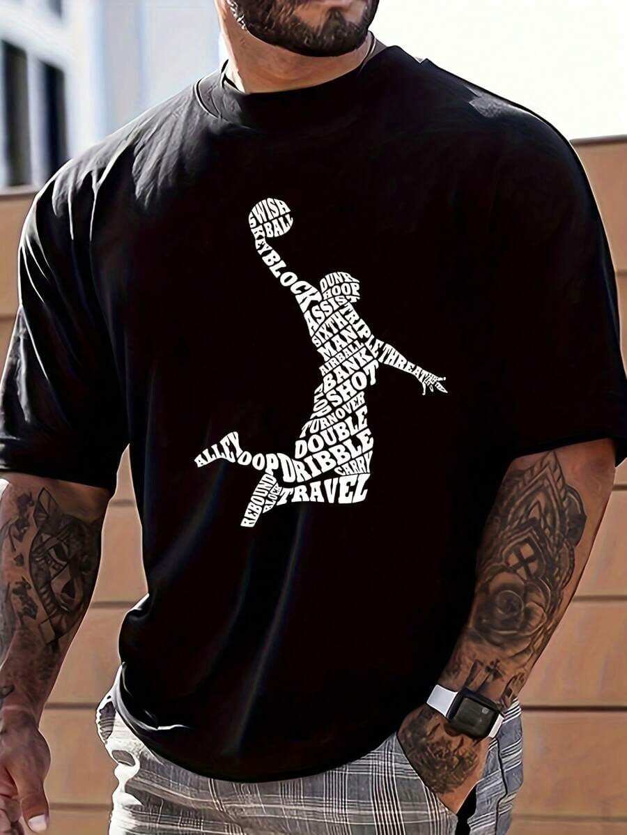 Men's Fashion Basketball & Letter Print Round Neck Short Sleeve Casual T-Shirt - Black - View 1