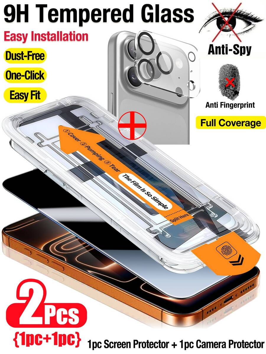 Yezodawee 2-In-1 Privacy Tempered Glass Screen Protector Kit, Includes Camera Lens Cover And Self-Alignment Tool, Compatible With IPhone Series, Dust-Proof Design, Privacy Tempered Glass Screen Protector, Anti-Peeping, Protect Privacy - 1+1 - View 1