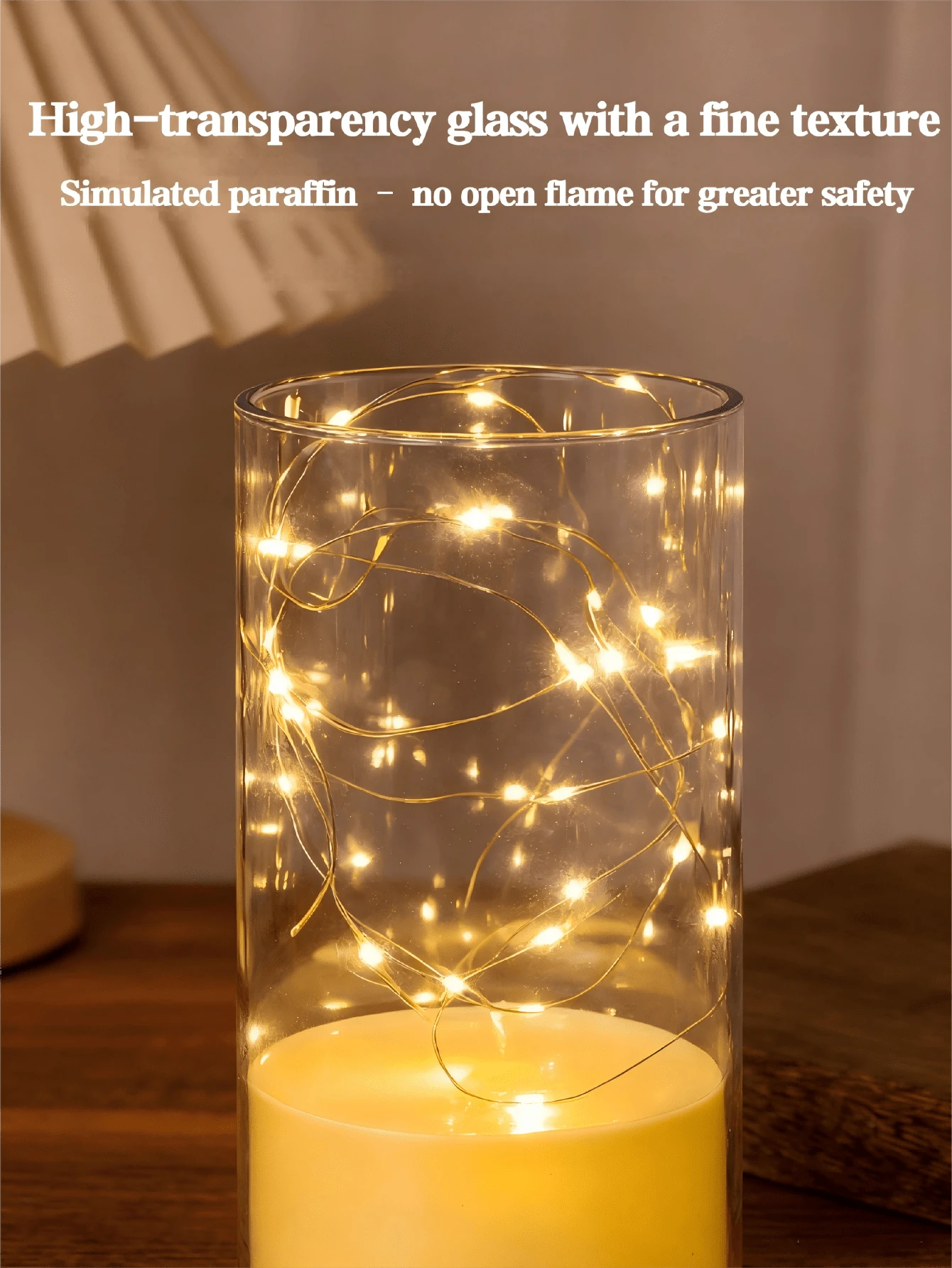 1pc Gradient Height Glass Cover With LED String Lights, Simulated Wax Candle Lamp, Warm Atmosphere Style, Milky White Cylindrical With Flashing Light Details, Decorative Lighting Electronic Candle Ornament, Suitable For Home Decor, Candlelight Dinner, Valentine's Day - Beige - View 1