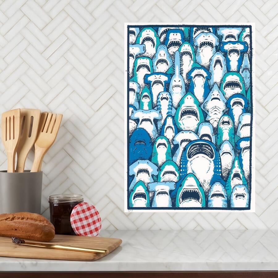 Framed 1pc Modern Print Style Shark Swarm Canvas Wall Art - Edgy Art Themed Print, Stylish Home Decor, Ready-To-Hang For Studio & Living Room - Đóng khung - Xem 1