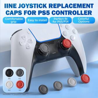 IINE 12个装彩色摇杆帽，适用于PS 5/PS 4手柄，游戏配件，灰黑红白三色可选，易于安装，拇指摇杆帽，TPE材质，手感如初，游戏主题摇杆帽