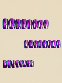 24 piezas de calcomanías de uñas de color púrpura sólido con estilo gótico metálico brillante, adecuadas para uñas de otoño - Morado - View 2