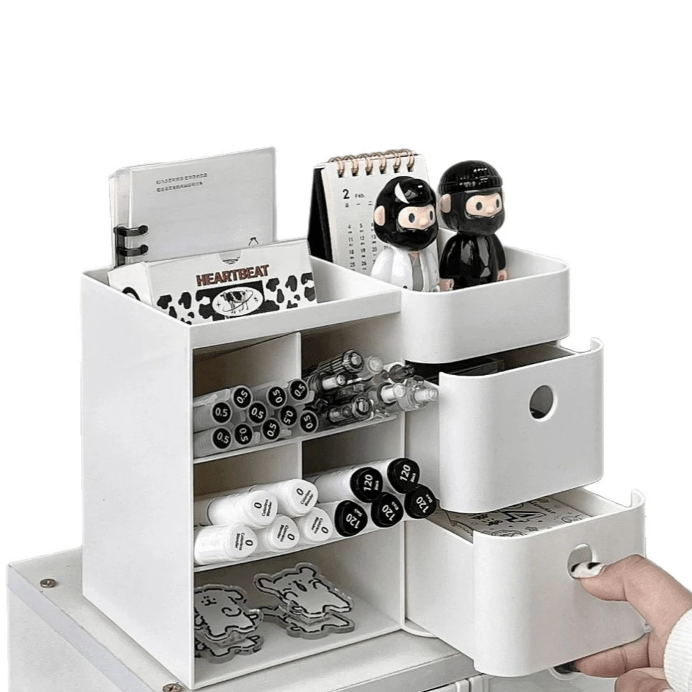 Stylish Desk Organizer: Multi-Purpose Storage Box With Drawer And Slanted Pen Holder For Students And Children. - White - View 1