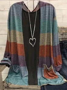 Plus Size Bohemian Style Color Block Kimono Cardigan Woman Grid Pocket Loose Cover Up Casual Blouse Top Coat Casual Autumn Clothing Get-Together Saunter - Brick Red - View 1