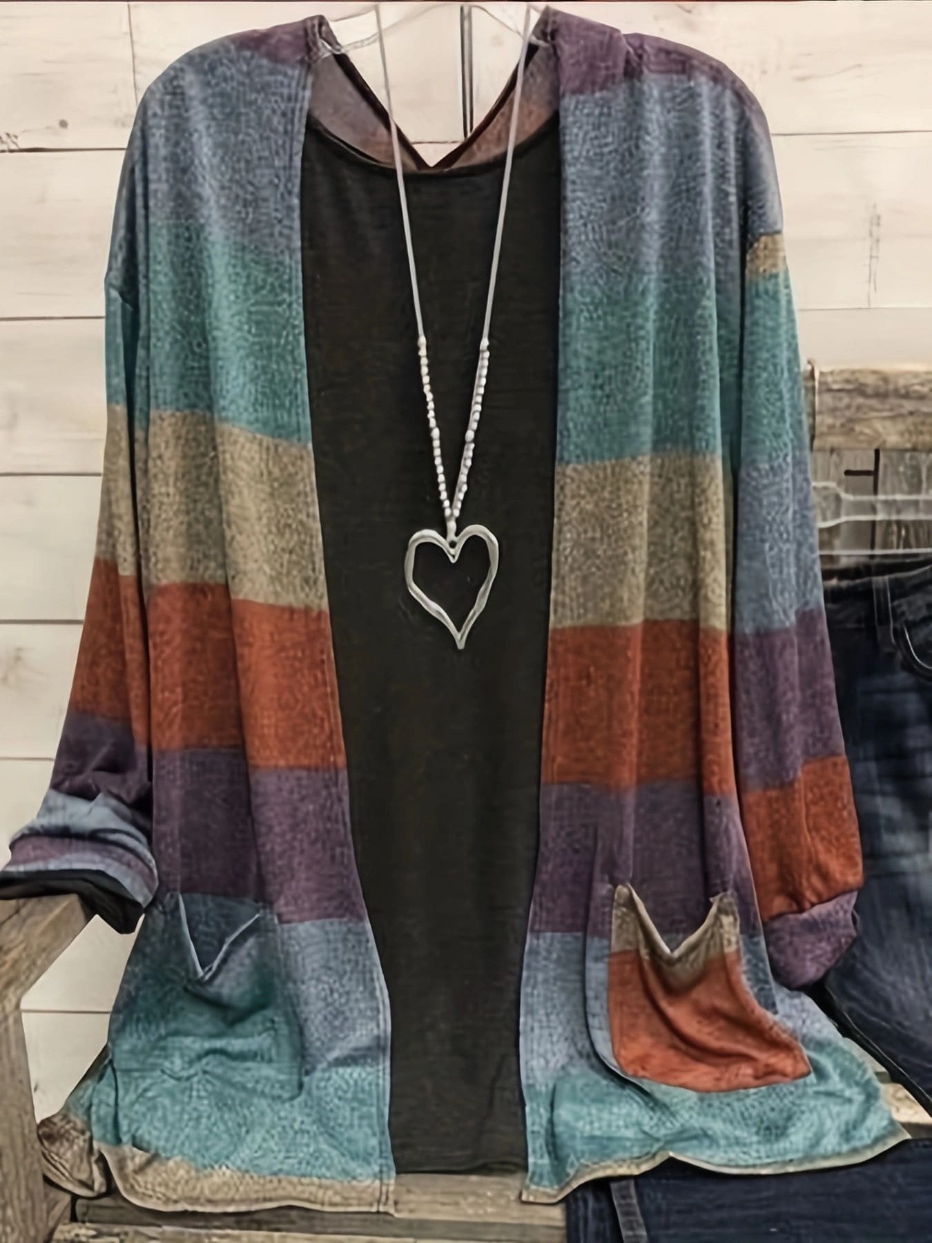Plus Size Bohemian Style Color Block Kimono Cardigan Woman Grid Pocket Loose Cover Up Casual Blouse Top Coat Casual Autumn Clothing Get-Together Saunter - Brick Red - View 1