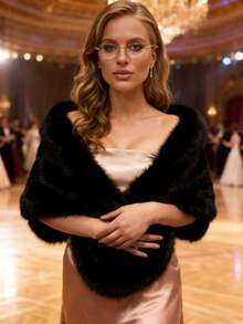 1pc Women's Thick Black Faux Fur Cloak, High-End Solid Color Versatile Fur Shawl Warm Wrap For Evening Dress, Autumn/Winter - 黑色 - 查看 1