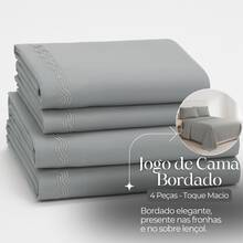 4-Piece Bedding Set 400 Thread Count Percale With Lace And Embroidered Strip, Queen And King Size, Habitat Sheet Set - 灰色刺繡 - 查看 2
