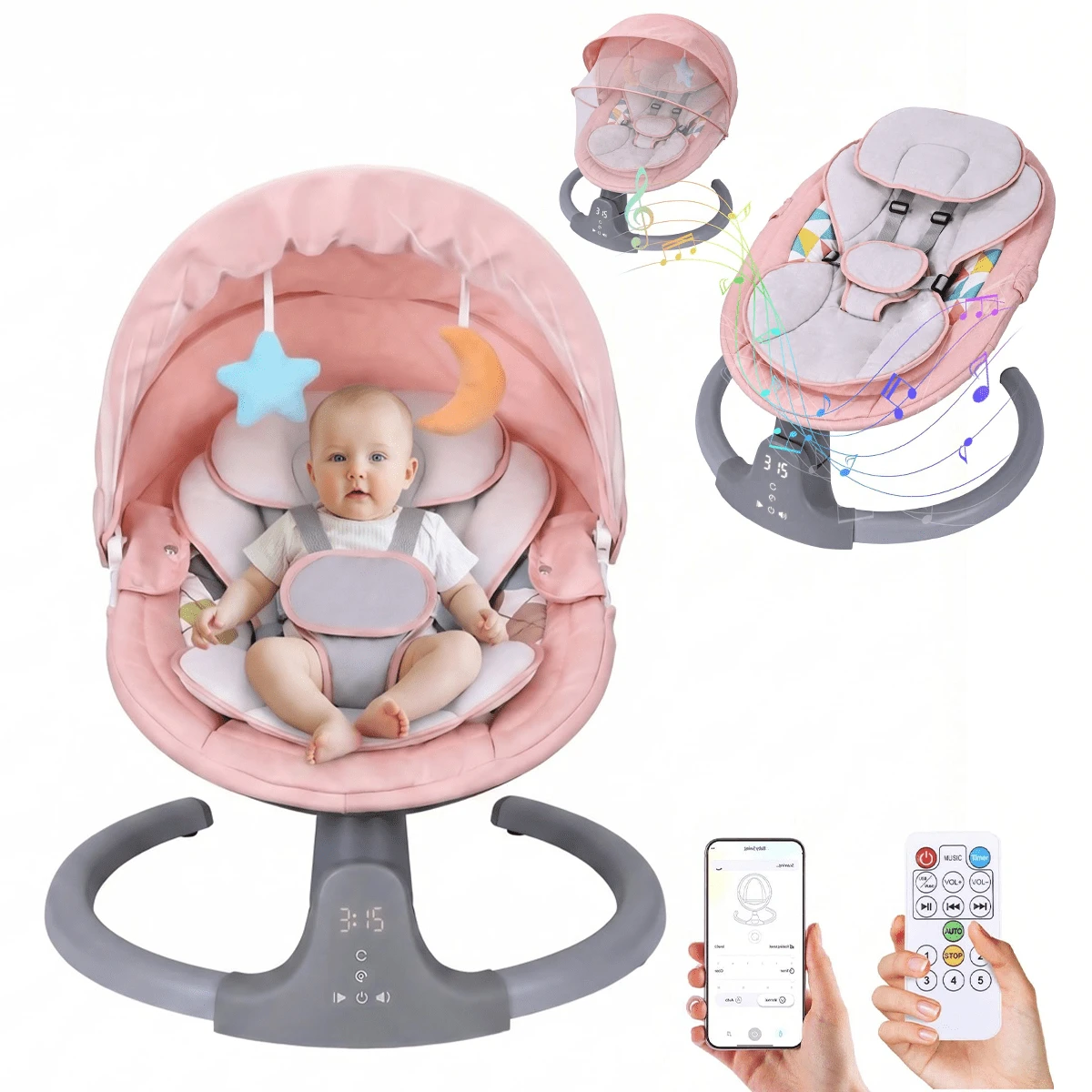 Baby Swing,Baby Swing, Baby Swing For Infants, Portable Electric Baby Rocker,Pink,Baby Rocker - Xám - Xem 1