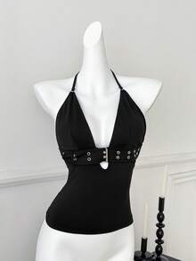 Luna Muse 女士春夏新款黑色吊带露脐上衣，性感深V金属扣腰带设计，Y2K 性感风，朋克塑形胸衣，短款吊带衫，优雅高端，适合日常、休闲、派对、度假、约会、街头、演出、户外、返校、哥特风等场合，2026春夏新款，音乐节、情人节、毕业季、派对装扮，性感风，显瘦塑形。 - 黑色 - 查看 1
