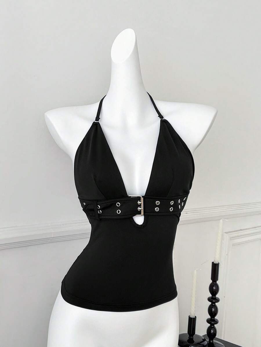 Luna Muse 女士春夏新款黑色吊带露脐上衣，性感深V金属扣腰带设计，Y2K 性感风，朋克塑形胸衣，短款吊带衫，优雅高端，适合日常、休闲、派对、度假、约会、街头、演出、户外、返校、哥特风等场合，2026春夏新款，音乐节、情人节、毕业季、派对装扮，性感风，显瘦塑形。 - 黑色 - 查看 1