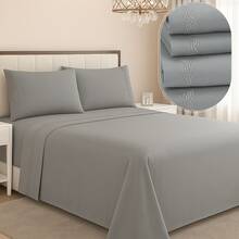 4-Piece Bedding Set 400 Thread Count Percale With Lace And Embroidered Strip, Queen And King Size, Habitat Sheet Set - 灰色刺繡 - 查看 1