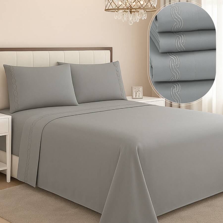 4-Piece Bedding Set 400 Thread Count Percale With Lace And Embroidered Strip, Queen And King Size, Habitat Sheet Set - 灰色刺繡 - 查看 1