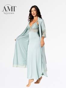 Long Nursing Nightgown And Long Robe Kit For Women - Màu xanh Bạc hà - Xem 1