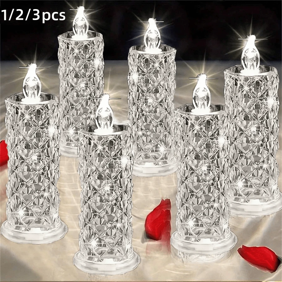 Conjunto de 1/2/3 velas de LED alimentadas por bateria, com estampa de rosas, efeito cristalino, perfeitas para o Dia dos Namorados, incluindo pedidos de casamento, jantares à luz de velas, casamentos, aniversários, decoração de quartos e eventos festivos. Criam uma atmosfera romântica para o Dia dos Namorados. Pilhas inclusas.