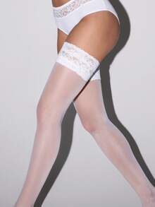 1 Pair Women's White Semi-Sheer Lace Trim Over-The-Knee Socks, Soft Lace Fabric, Fashionable & Warm, Feminine Stylish Hosiery For Daily Wear, Parties & Cold Weather - White - View 6