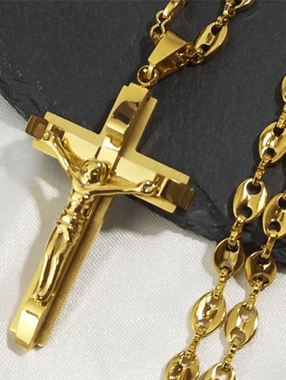 Jesus Cross Crucifix Pendant Necklace For Men Stainless Steel Gold Color Christian Coffee Bean Chain,Father's Day Gift, The Perfect Gift For Family And Friends