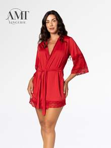 Robe Curto Luxo Renda Roupão Hobe Feminino Hobby Conforto Sensual - Vermelho - Visão 4