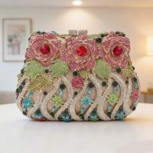 Women Luxury Rose Flower Evening Clutch Rhinestone Purse Floral Crystal Diamond Shoulder Handbag For Wedding Party Prom - Pink - View 1