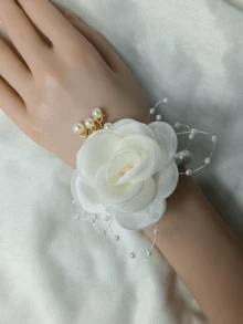 1/2 chiếc hoa hồng trắng thanh lịch đính hạt cườm, vòng tay bằng hợp kim kim loại và dây ngọc trai, thích hợp cho chú rể, cô dâu, phù rể, phù dâu, đám cưới, lễ đính hôn, sự kiện, tiệc tùng, dạ hội, lễ tốt nghiệp. - trắng - Xem 5