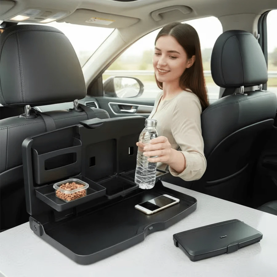 1-Piece Adjustable Folding Car Rear Seat Tray - Heavy-Duty Organizer With Cup Holder And Phone Slot - Suitable For SUVs, Sedan, Minivan - Portable Rear Passenger Table With Laptop Table - 黑色 - 查看 1