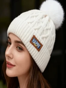 Thick Warm Woolen Cable Knit Beanie Hat For Women, Autumn/Winter, With Fuzzy Pom Pom,Fashionable & Unique - Multicolor - View 5