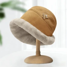 Fashionable Autumn And Winter Plush Bucket Hat, Cold-Resistant Hat With Rolled Brim, Women's Solid Color Hat With Metal Decoration - Multicolor - View 9
