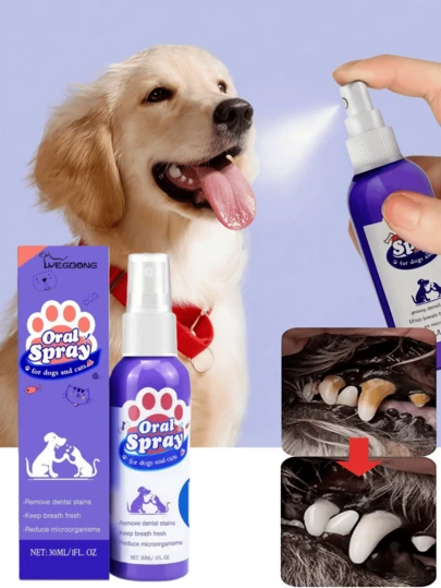 Pet Dental Cleaning Spray - Maintains Pet Oral Hygiene, Removes Odor, Plaque And Stains, Cat & Dog Mouth Freshening And Cleaning Spray, And Convenient, No Brushing Needed, Effectively Removes Food Residue And Tartar, Whitens Teeth, Eliminates Bad Breath