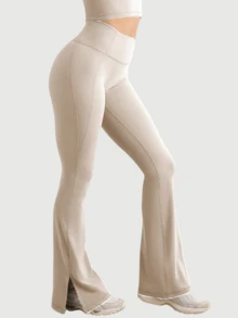 3 PCS Women's Solid Color Bell Bottoms, Elastic Soft Bell Bottoms,  High Waisted Commuting Yoga Pants, Sports Leggings, Casual Sports Pants, Hip Lifting Design Micro Bell Bottoms Women's Sportswear, Suitable For Sports, Leisure, Fitness, Yoga - 3Pcs 3colors (Black + Navy blue + Khaki) - 查看 6