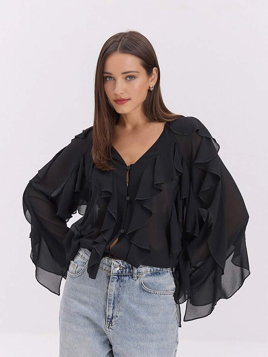 Women's Elegant Semi-Transparent Chiffon Ruffle Hem Blouse, Fashionable V-Neck Long Sleeve Spring Top Black - Black - View 1
