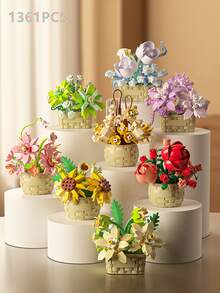 1361pcs Realistic Preserved Flower Building Blocks Basket, Roses/Sunflowers/Tulips/Lily Of The Valley/Roses/Lilies/Roses/Peonies/Jasmine Creative 3D Assembly Building Blocks Potted Succulent Plants Desktop Decor, Birthday/Halloween/Christmas Gift - Multicolor - View 27