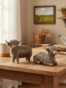Adorable Highland Cow Figurine (Vintage Texture) - Farmhouse Animal Decor, Perfect For Placing On Living Room Shelves, Coffee Tables, And Rustic Spaces. Adds A Cozy Countryside Vibe, A Charming Home Accent Piece Popular In Modern Interior Decoration. - Multicolor - View 1