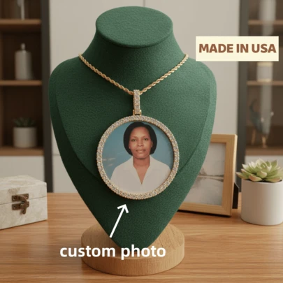 Men's Customized Hip Hop Photo Necklace - Large Solid Frame, Synthetic , Personalized Photo Pendant, April Birthstone Options, Daily Street Fashion Jewelry, Hip Hop Necklace, Shiny Frame Design.