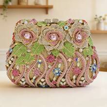 Women Luxury Rose Flower Evening Clutch Rhinestone Purse Floral Crystal Diamond Shoulder Handbag For Wedding Party Prom - Light Pink - View 1