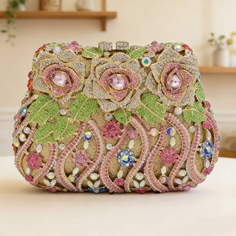 Women Luxury Rose Flower Evening Clutch Rhinestone Purse Floral Crystal Diamond Shoulder Handbag For Wedding Party Prom - Light Pink - View 1