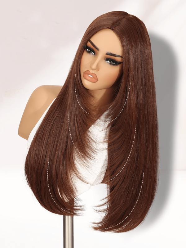 长款层次直发Yaki假发，中分无刘海，无需胶水，预先剪裁，即戴即走，高密度耐热纤维，无蕾丝，适合女性日常或派对佩戴，26英寸长（铜姜色）