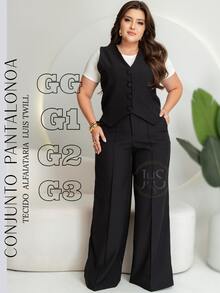 Women's Plus Size Tailored Set: Vest And Wide Leg Pants, Business Formal, Simple Work, Pocket, Buttons On The Front, Divided, Office - màu đen - Xem 1
