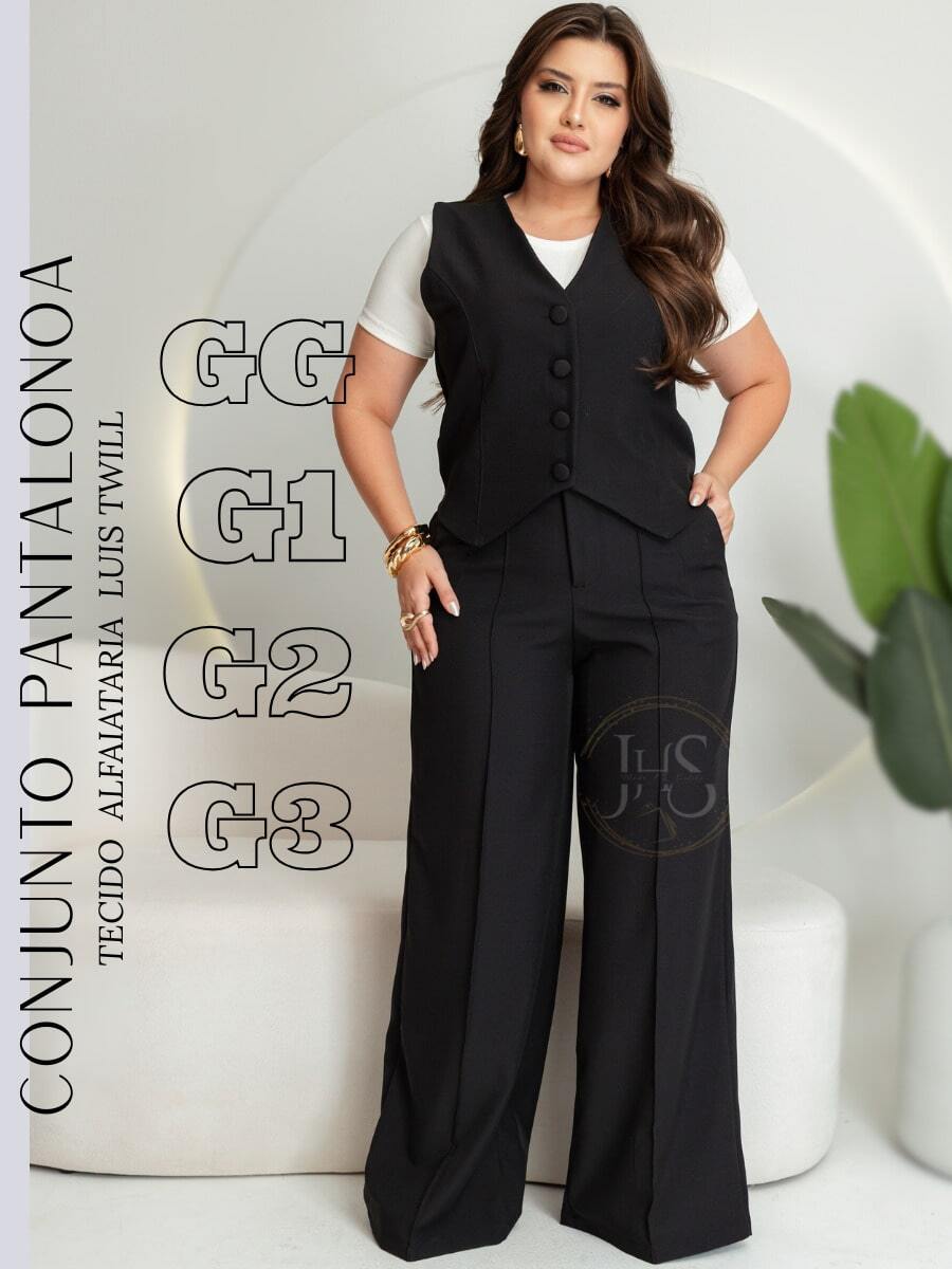 Women's Plus Size Tailored Set: Vest And Wide Leg Pants, Business Formal, Simple Work, Pocket, Buttons On The Front, Divided, Office - màu đen - Xem 1