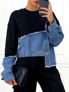 GLOURI Women's Black Denim Patchwork Sweatshirt - Long Sleeve Crewneck With Raw Edge Hem & Side Slits | Loose Fit Casual Top For Streetwear And Daily Outfits - 黑色 - 查看 1