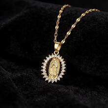 1 Peça Colar Pingente de Nossa Senhora Decorado com Zircônia de Cobre Estilo Vintage Hip-Hop, Corrente de Aço Inoxidável, Banhado a Ouro 18K, Adequado para Meninas Usarem em Festas, Banquetes, Festivais e Ocasiões Diárias, Joia Requintada, Acessórios Dourados, Ótimo Presente para Volta às Aulas, Ano Novo, Dia dos Namorados, Dia das Mães - Dourado - Visão 1
