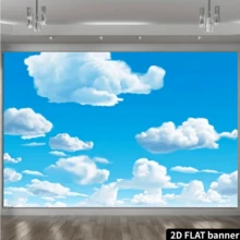 2D Flat Blue Sky White Cloud Polyester Photography Backdrop, Sunny Cloud Background, Birthday Party Decor, Party Wedding Photo Booth Backdrop Banner, Banner Decor - Blue - View 4