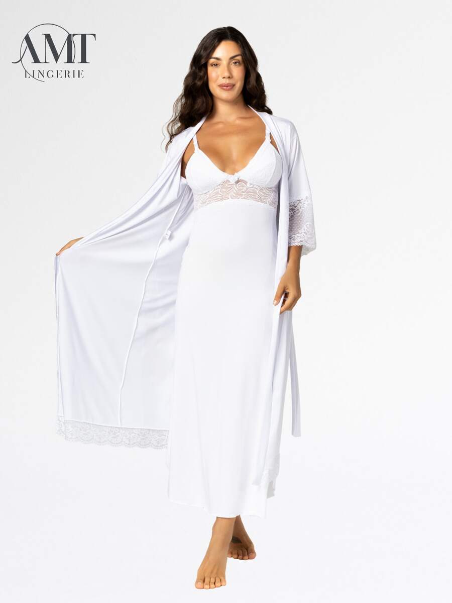 Long Nursing Nightgown And Long Robe Kit For Women - trắng - Xem 1